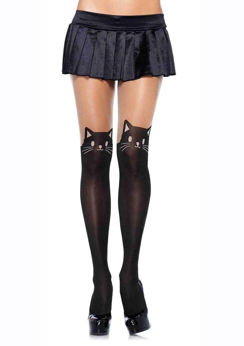 Leg Avenue Black Cat Spandex Opaque Pantyhose with Sheer Thigh Accent - Black/Nude - One Size