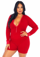 Leg Avenue Brushed Rib Romper Long Johns with Cheeky Snap Closure Back Flap - Red - 3XLarge/4XLarge/Queen