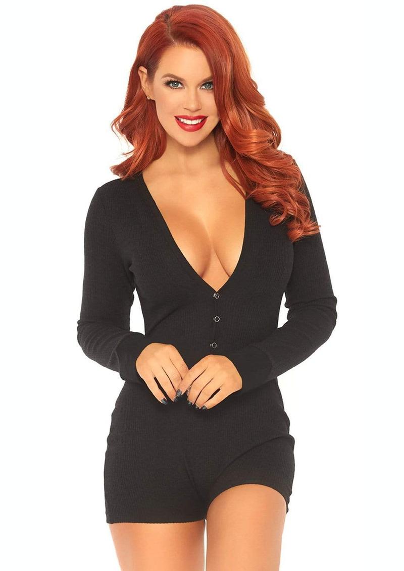 Leg Avenue Brushed Rib Romper Long Johns with Cheeky Snap Closure Back Flap - Black - Medium/Small