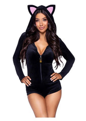 Leg Avenue Comfy Cat Ultra-Soft Velvet Plush Zip Up Romper with Bell Zipper Pull, Ear Hood, and Kitty Tail - Black - Large