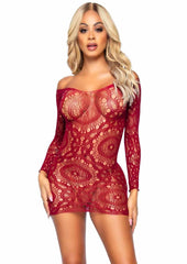 Leg Avenue Crochet Lace Long Sleeved Mini Dress - Burgundy/Red - One Size