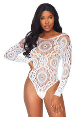 Leg Avenue Crochet Lace Long Sleeved Snap Crotch Thong Back Bodysuit - White - Medium/Small