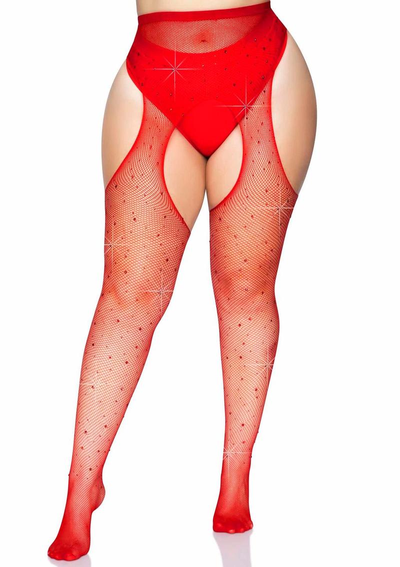 Leg Avenue Crystalized Fishnet Suspender Pantyhose - Red - Queen/XLarge/XXLarge