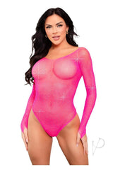 Leg Avenue Crystalized Long Sleeve Fishnet Thong Back Bodysuit with Snap Crotch - Neon Pink - One Size