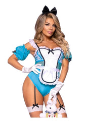 Leg Avenue Curious Miss Alice Lace Trimmed Garter Bodysuit with Sheer Panels, Puff Sleeves, Apron, and Bow Headband - Blue/White - Small - 4 Piece