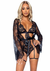 Leg Avenue Eyelash Lace Garter Teddy with G-String Back and Adjustable Straps, Lace Robe and Ribbon Tie - Black - Small - 3 Pieces