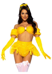 Leg Avenue Fairytale Beauty Glitter Shimmer Bra Top with Gathered Rosette Center and Puff Sleeves, High Waist Panty with Ribbon Pick-Up Skirt, Removable Clear Straps, and Matching Hair Ribbon - Yellow - Small - 4 Piece