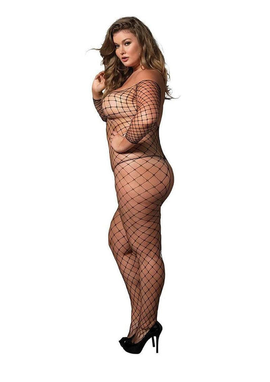 Leg Avenue Fence Net Off The Shoulder Long Sleeved Bodystocking - Black - Plus Size/Queen