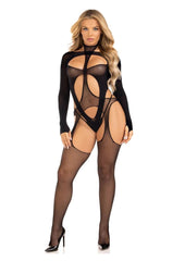 Leg Avenue Fishnet Halter Suspender Bodystocking and Layered Opaque Cut-Out Teddy