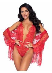 Leg Avenue Floral Lace Teddy with Adjustable Straps and Cheeky Thong Back Matching Lace Robe with Scalloped Trim and Satin Tie - Red - Small