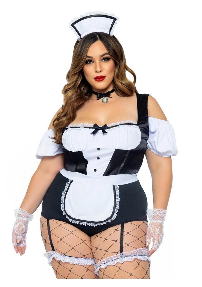 Leg Avenue Foxy Frenchie Garter Bodysuit with Attached Apron, Choker, and Hat Headband - Black/White - Queen/XLarge/XXLarge - 3 Piece