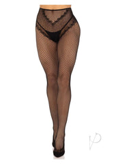 Leg Avenue French Cut Crotchless Fishnet Tights with Heart Backseam and Faux Lace Up Back - Black - One Size