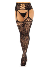 Leg Avenue French Rose Lace Backseam Stockings with Attached Garter Belt