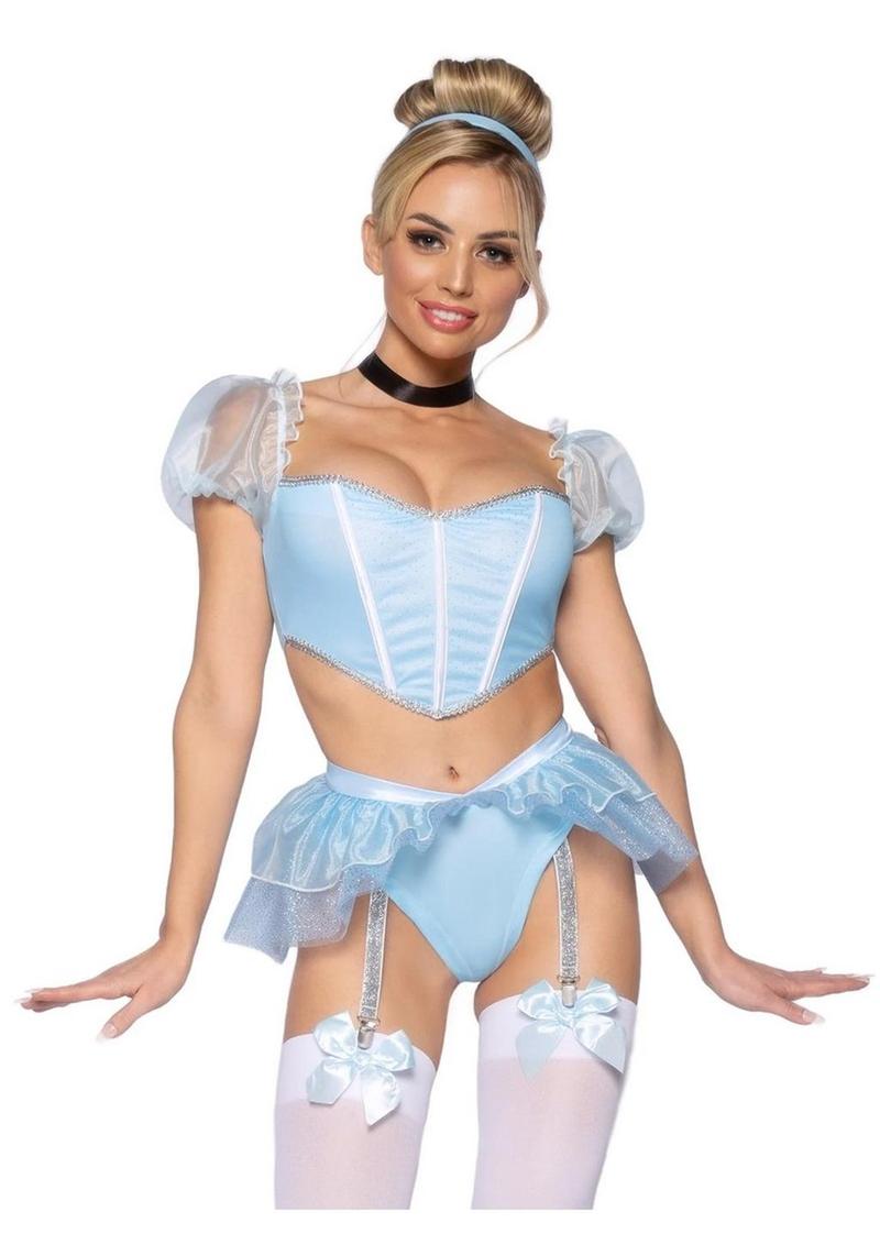 Leg Avenue Glass Slipper Cinderella Boned Sweetheart Crop Top with Organza Sleeves, Garter Panty with Shimmer Sheer Skirt, Ribbon Choker, and Matching Hair Band - Blue - XSmall - 4 Piece