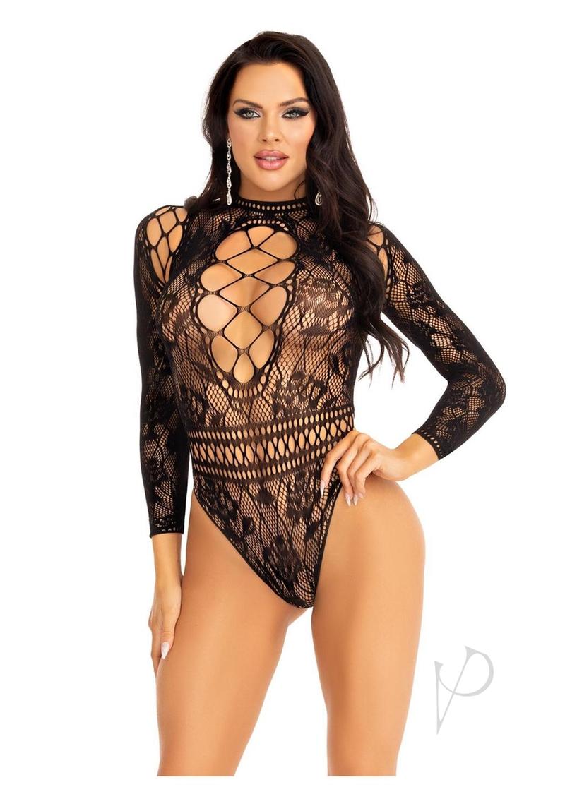 Leg Avenue High Neck Lace and Net Keyhole Back Bodysuit - Black - One Size