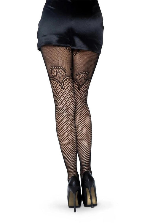 Leg Avenue Industrial Net Suspender Hose with Duchess Lace Top Accent - Black - One Size