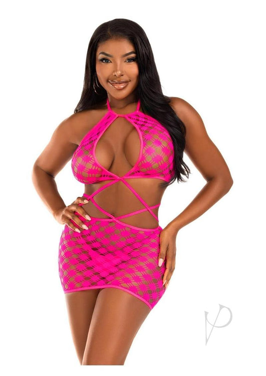 Leg Avenue Keyhole Halter Hardcore Net Mini Dress - Neon Pink - One Size