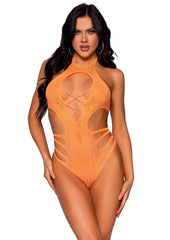 Leg Avenue Lace Cut Out Strappy Bodysuit - Neon Orange/Orange - One Size