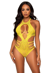 Leg Avenue Lace Cut Out Strappy Bodysuit - Yellow - One Size