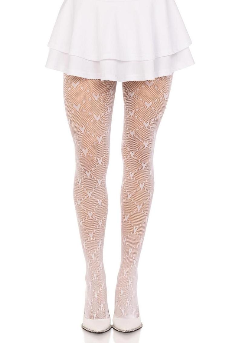 Leg Avenue Love Struck Heart Net Tights - White - One Size