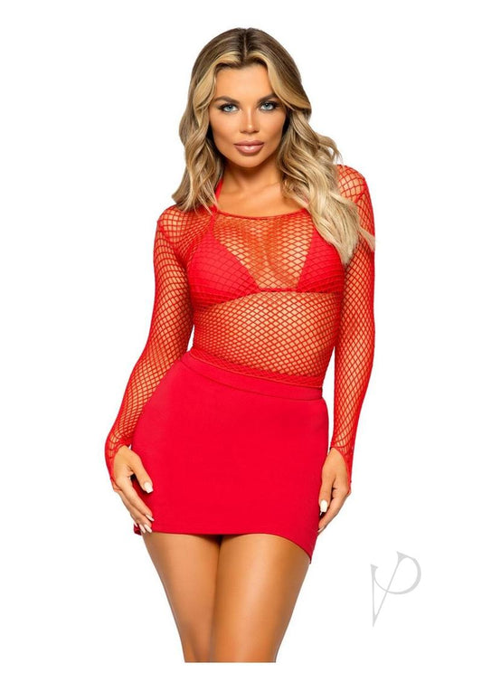 Leg Avenue Lycra Industrial Fishnet Long Sleeve T-Shirt - Red - One Size