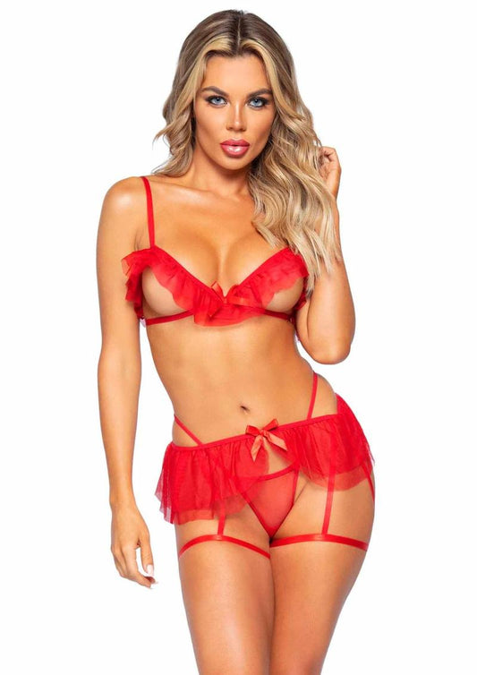 Leg Avenue Mesh Ruffle Bra, G-String and Dual Strap Garter Belt - Red - One Size - 3 Piece