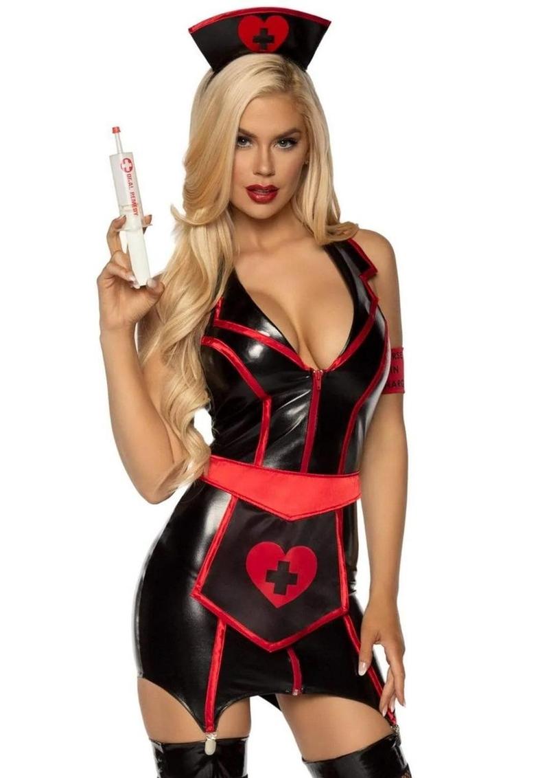 Leg Avenue Naughty Nurse Zip Up Wet Look Garter Dress, Heart Apron, Arm Band, and Head - Black/Red - Large - 4 Piece/Piece