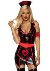 Leg Avenue Naughty Nurse Zip Up Wet Look Garter Dress, Heart Apron, Arm Band, and Head