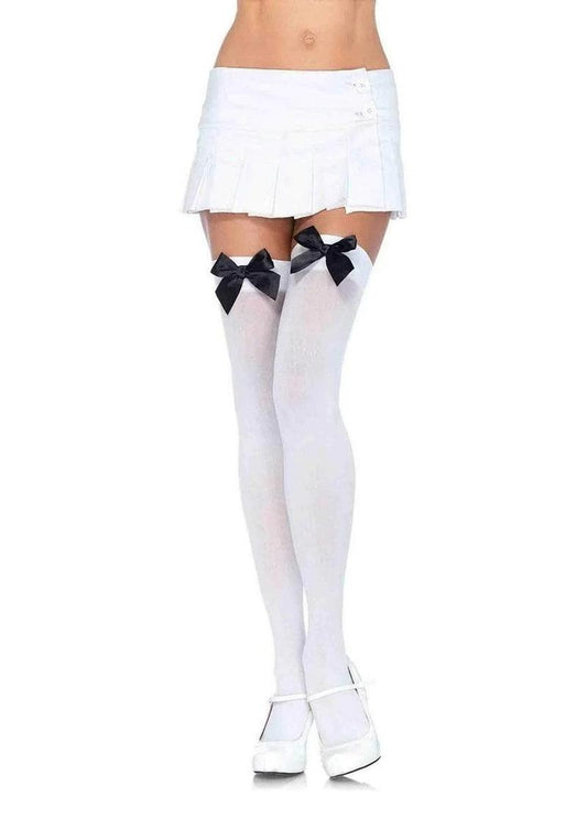 Leg Avenue Nylon Over The Knee with Bow - Black/White - One Size