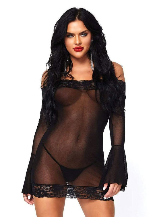 Leg Avenue Off The Shoulder Lace Trimmed Mesh Mini Dress with Lace Bell Sleeves and Matching G-String - Black - One Size - 2 Piece