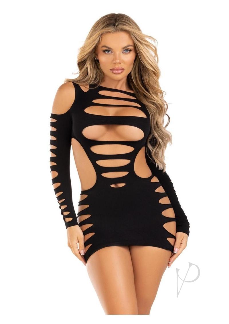 Leg Avenue Opaque Shredded Cut-Out Mini Dress - Black - One Size