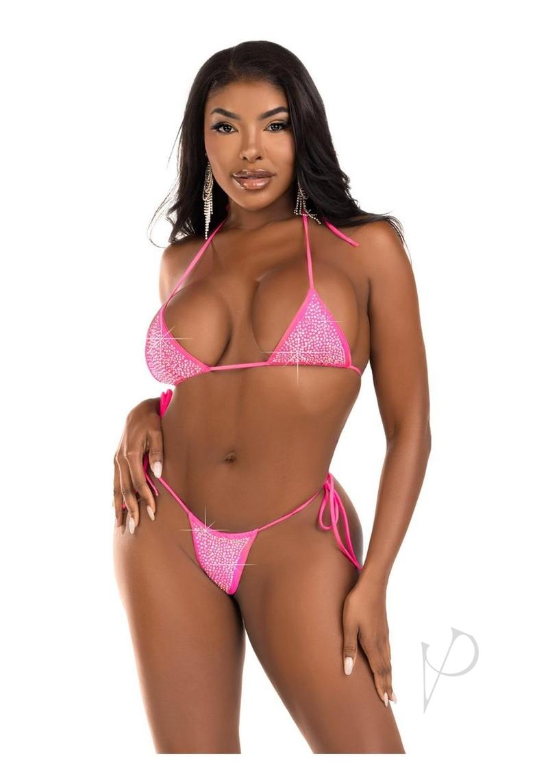 Leg Avenue Rhinestone Bikini Top and Side Tie Thong Panty - Pink - One Size - 2 Piece