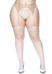 Leg Avenue Rhinestone Fishnet Stockings - White - Queen/XLarge/XXLarge