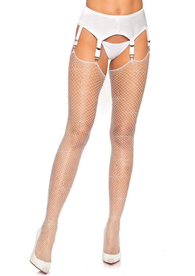 Leg Avenue Rhinestone Fishnet Stockings - White - One Size