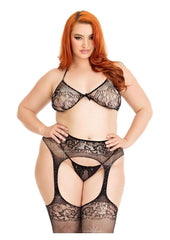 Leg Avenue Rhinestone Lace Bra Top, G-String and Fishnet Garter Belt Stocking - Black - Queen/XLarge/XXLarge - 3 Piece