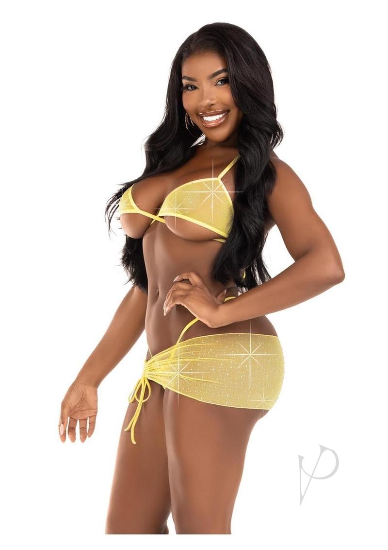 Leg Avenue Rhinestone Mesh Wrap Around Bra Top, G-String Panty, and Ruched Tie Sarong (3 Piece) - Small/Medium - Baby - Yellow