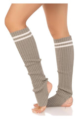 Leg Avenue Ribbed Stirrup Leg Warmers with Athletic Stripe - Grey - One Size