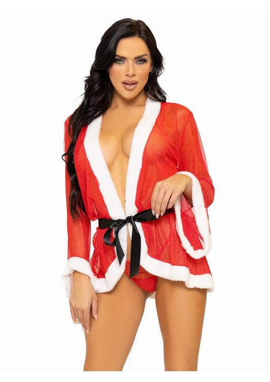 Leg Avenue Santa Mesh Robe with Plush Trim, Ribbon Tie, and G-String - Red/White - Medium/Small - 3 Piece