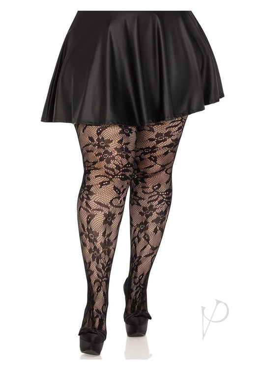 Leg Avenue Seamless Chantilly Floral Lace Tights - 1x-2x - Black