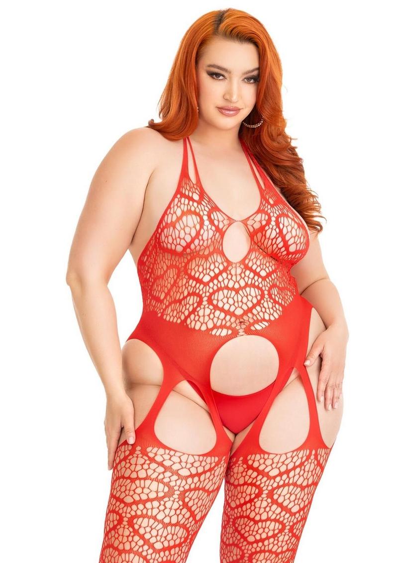 Leg Avenue Seamless Heart Net Suspender Bodystocking - Red - Queen/XLarge/XXLarge