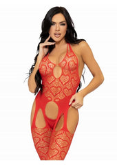 Leg Avenue Seamless Heart Net Suspender Bodystocking - Red - One Size