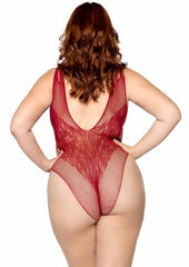 Leg Avenue Seamless Net Lace Bodysuit with Dual Shoulder Straps and Cheeky Cut Bottom - Burgundy/Red - Queen/XLarge/XXLarge