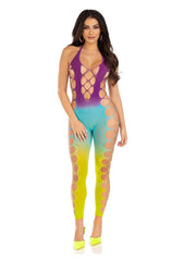 Leg Avenue Seamless Ombre Faux Lace Up Footless Bodystocking - One Size - Ocean