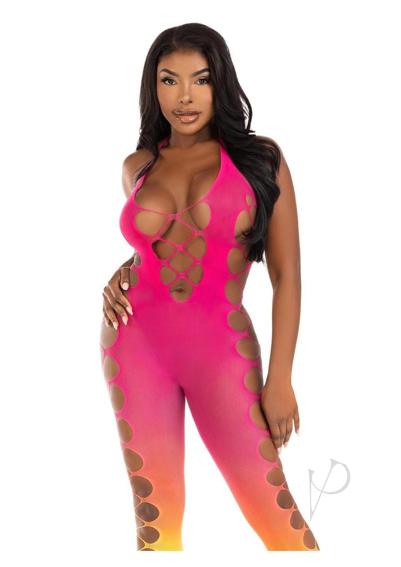 Leg Avenue Seamless Ombre Faux Lace Up Footless Bodystocking - One Size - Sunset