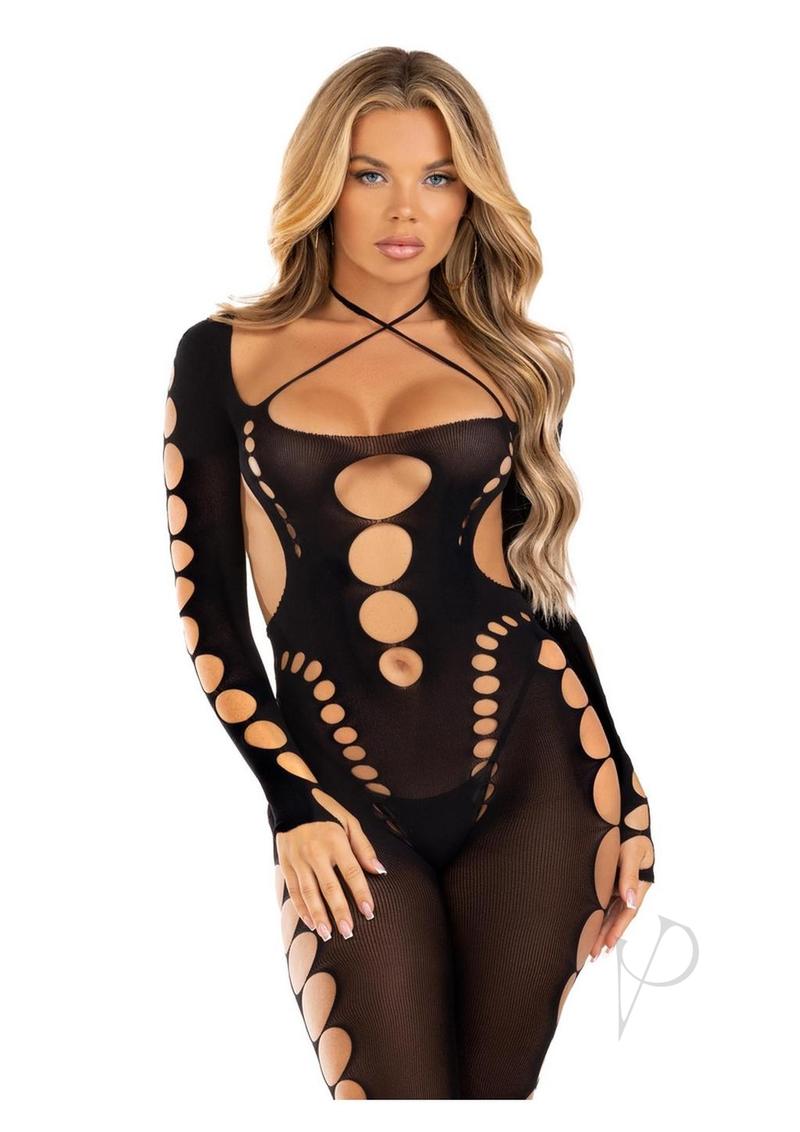 Leg Avenue Seamless Opaque Cut-Out Footless Bodystocking - Black - One Size