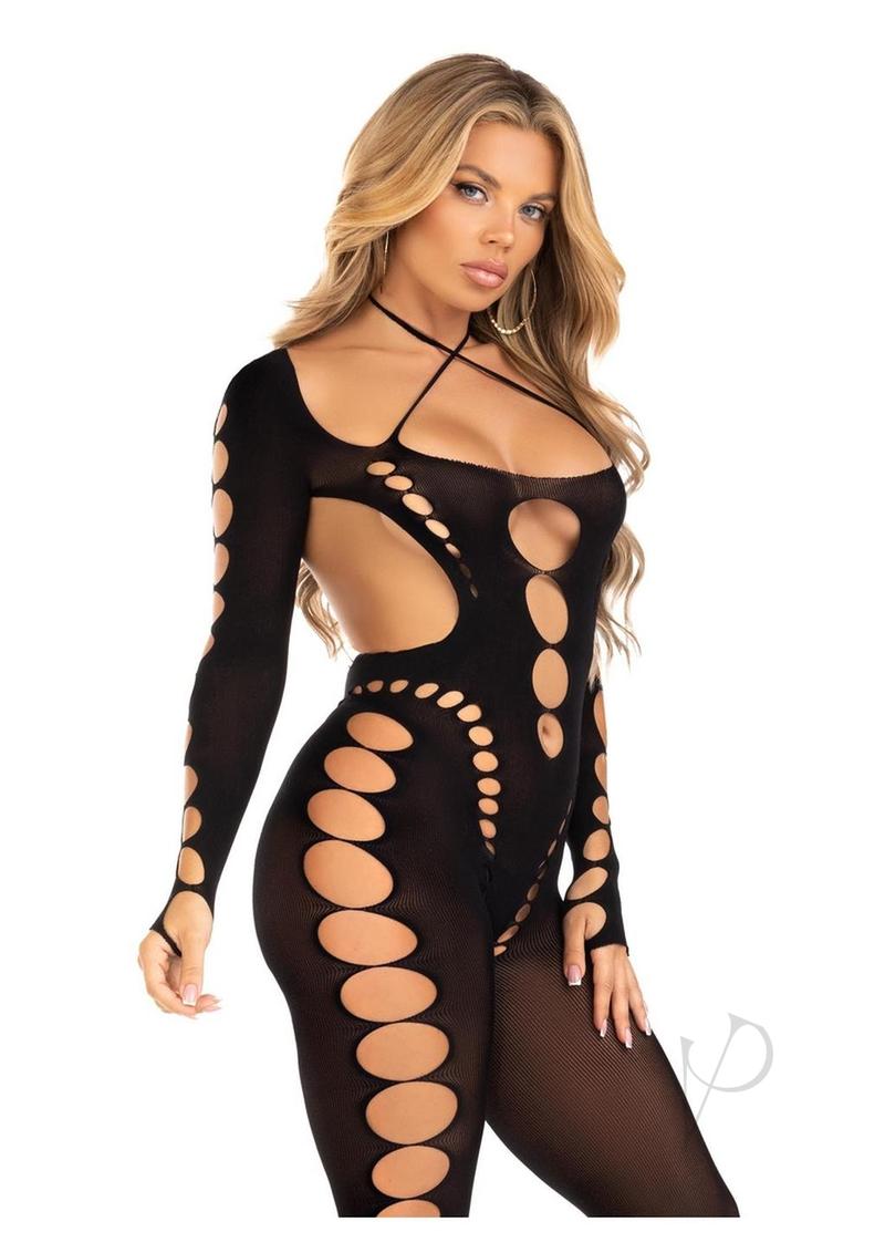 Leg Avenue Seamless Opaque Cut-Out Footless Bodystocking - Black - One Size