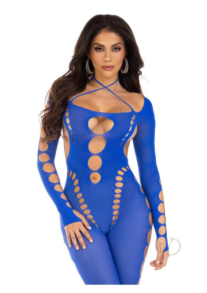 Leg Avenue Seamless Opaque Cut-Out Footless Bodystocking - Royal Blue - One Size
