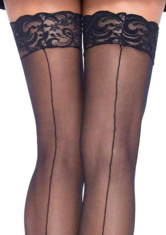 Leg Avenue Sheer Stocking with Back Seam Lace Top - Black - One Size