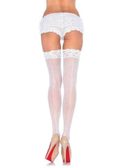 Leg Avenue Sheer Stocking with Backseam and Lace Top - White - One Size