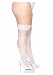 Leg Avenue Spandex Industrial Net Thigh Highs with Stay Up Silicone Lace Top - White - Queen/XLarge/XXLarge